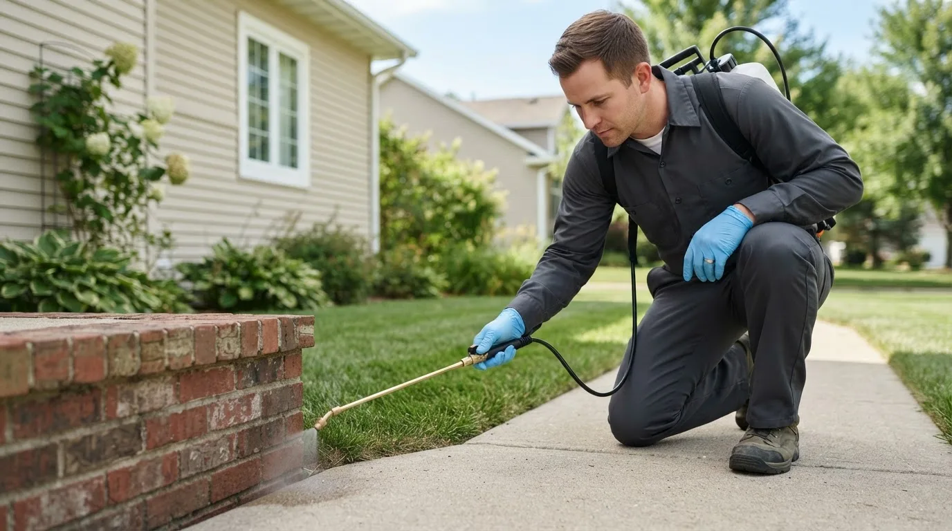 Pest control technician treating a home near North Clarendon, VT